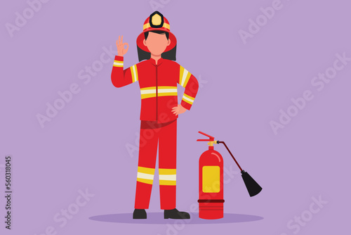 Character flat drawing active firefighters standing with fire extinguisher wearing helmet and uniform with gesture okay. Working to extinguish fire in burn building. Cartoon design vector illustration