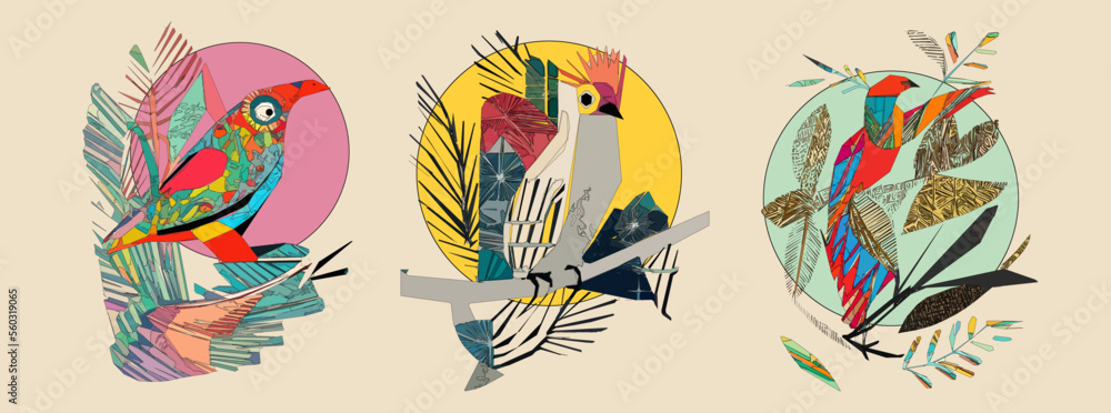 Exotic bird on tree branch with leaves and sun on light beige background. Colorful illustration.