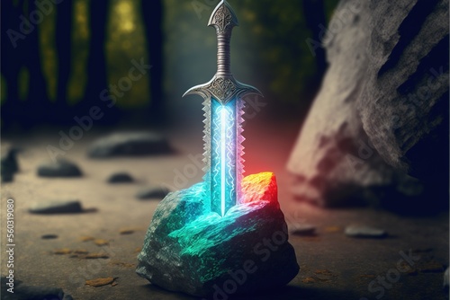 Generative AI Illustration of King Arthur's Excalibur: A Medieval Sword of Legend, Magic, and Power, in the Context of English Fantasy and Mythology