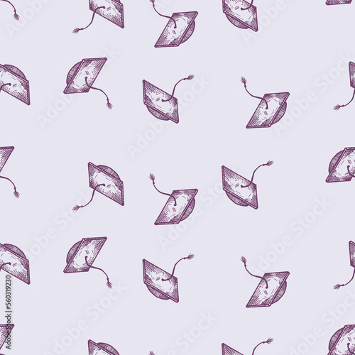 Graduate hat engraved seamless pattern. Vintage element education in hand drawn style. Sketch texture for fabric, wallpaper, textile, print, title, wrapping paper. Vector illustration.