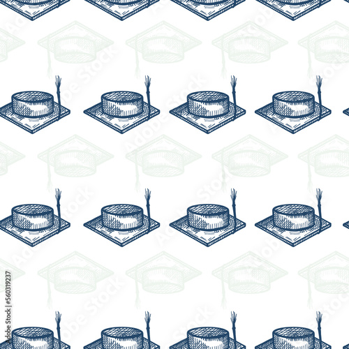 Graduate hat engraved seamless pattern. Vintage element education in hand drawn style. Sketch texture for fabric, wallpaper, textile, print, title, wrapping paper. Vector illustration.