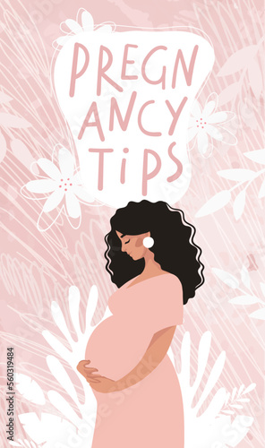 Pregnancy tips, template for social media stories. Pregnant woman expecting baby birth, flat cartoon vector illustration. Modern pregnancy and maternity card