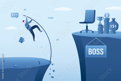 Businessman jumping pole vault over abyss to boss chair. Career growth, career target achievement, peak time of life, self development. Employee fast promotion on career ladder.