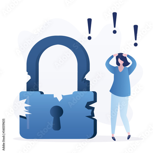 Unhappy woman panicked because padlock cracked and started to break. Broken security system, hacked account, weak or bad password or security. Technology of user protection.