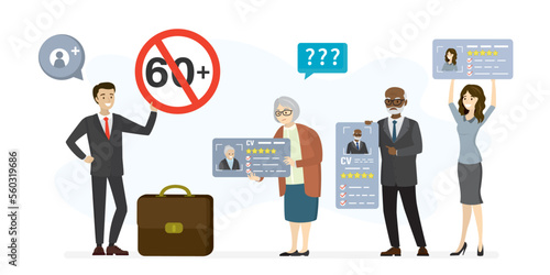 Male HR specialist with big briefcase, new employee hiring. Restrictions, ageism. Age discrimination concept. Various applicants holds resumes. Multiethnic job seekers with cv.