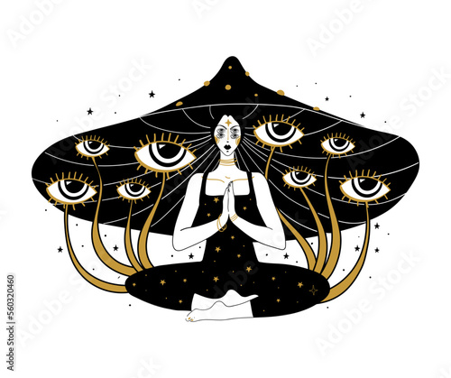 Microdose of mushrooms, psychedelic female mushroom with plants in the form of eyes. Trippy halloween illustration, tattoo for witch, print for clothes. Vector line illustration.