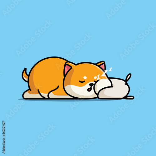 Cute cartoon fat shiba dog fast asleep with soft pillow vector illustration