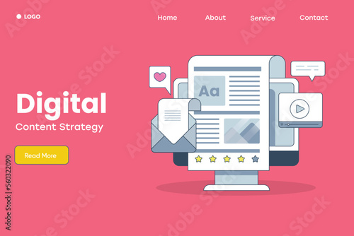 Digital content strategy computer screen adjoins with blog news article email message social media and video content web banner template.