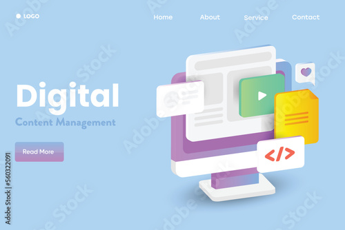 3d illustration concept of managing online document cloud technology, content management storing data on internet business organization computer web banner.