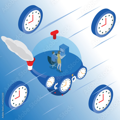 People flying in time machine capsule isometric 3d vector illustration concept for banner, website, illustration, landing page, flyer, etc.