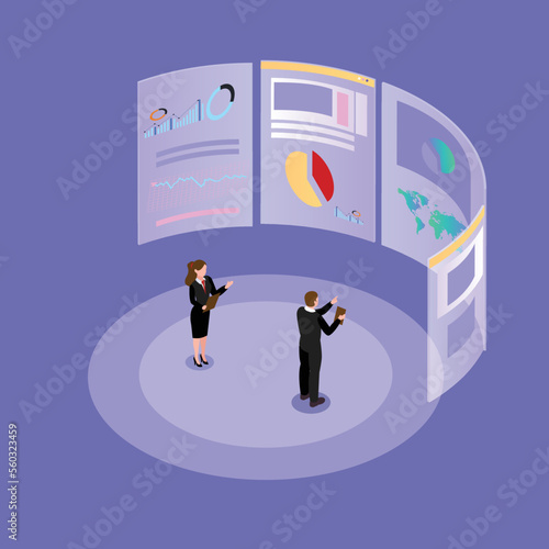 Business people with Data and Statistics interface isometric 3d vector illustration concept for banner, website, illustration, landing page, flyer, etc.