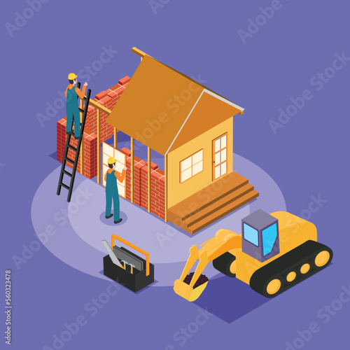 Building work process with houses and construction machines isometric 3d vector illustration concept for banner, website, illustration, landing page, flyer, etc.