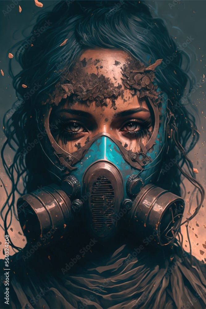 Female survivor wearing futuristic respirator gas face mask in post ...