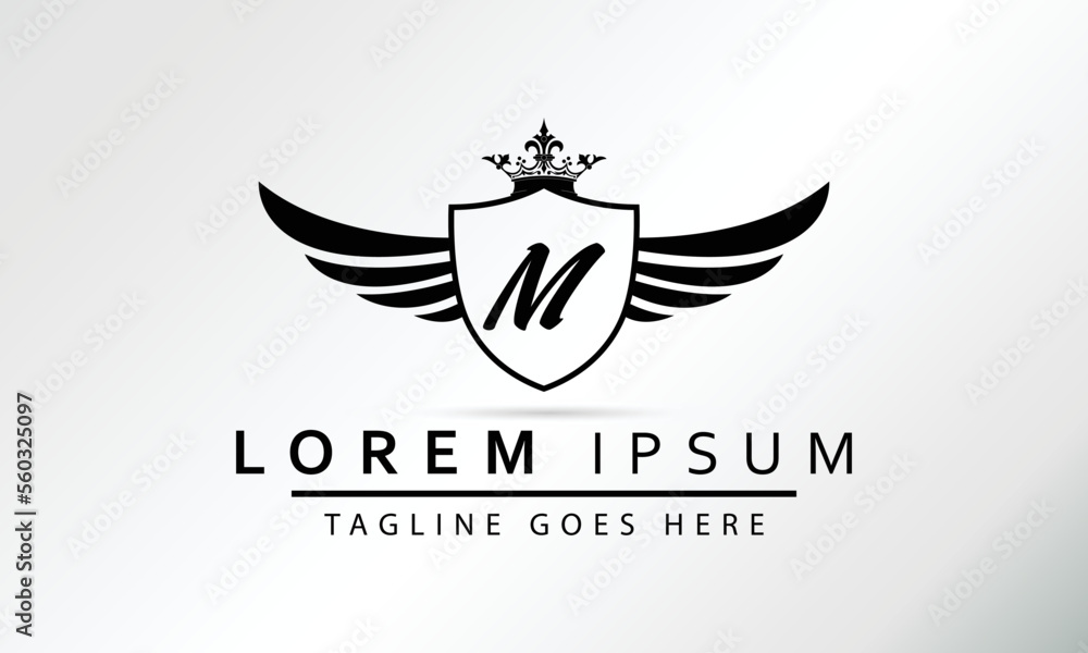 Obraz premium Stylish Black Shield With Wings, Crown And Initial Letter M Isolated On White Background. Luxury Logo Business Vector Template. Modern Design Logotype, Emblem,