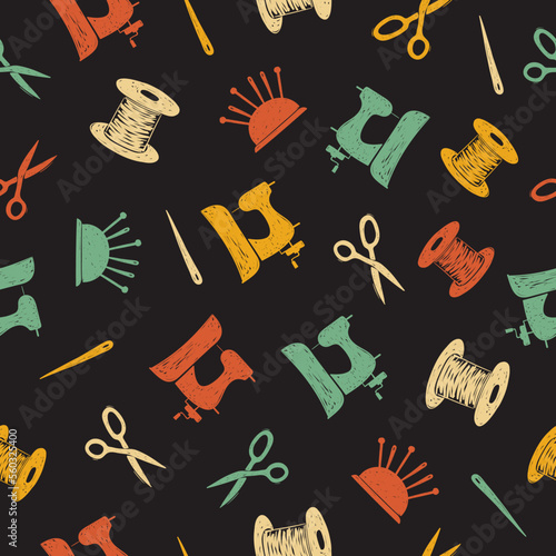 Seamless sewing tools pattern. Tailoring doodle vector illustration in retro style