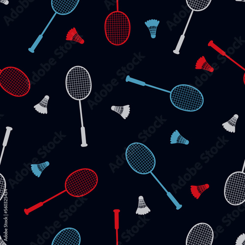Seamless  badminton pattern with rackets and shuttlecocks. Vector sport background