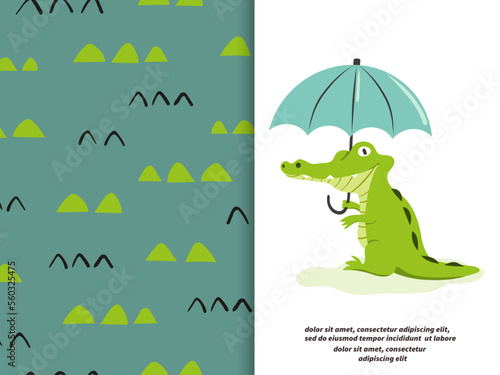 Cute cartoon crocodile with umbrella. Vector illustration. Alligator animal print for kids