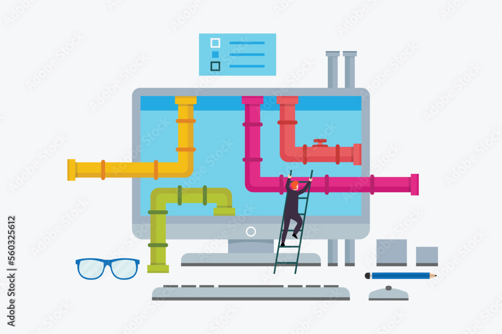 Obraz premium man climbing ladder to enter computer screen with piping system inside 2d vector illustration concept for banner, website, illustration, landing page, flyer, etc
