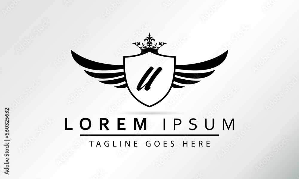 Obraz premium Stylish Black Shield With Wings, Crown And Initial Letter U Isolated On White Background. Luxury Logo Business Vector Template. Modern Design Logotype, Emblem,