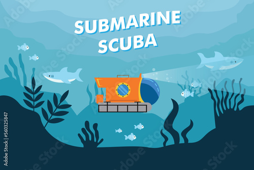 Underwater sea landscape with submarine 2d vector illustration concept for banner, website, illustration, landing page, flyer, etc