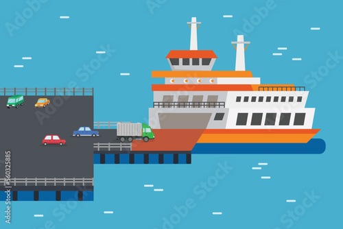 cars and trucks is getting on the ferry to cross the ocean at ferry terminal 2d vector illustration concept for banner, website, illustration, landing page, flyer, etc