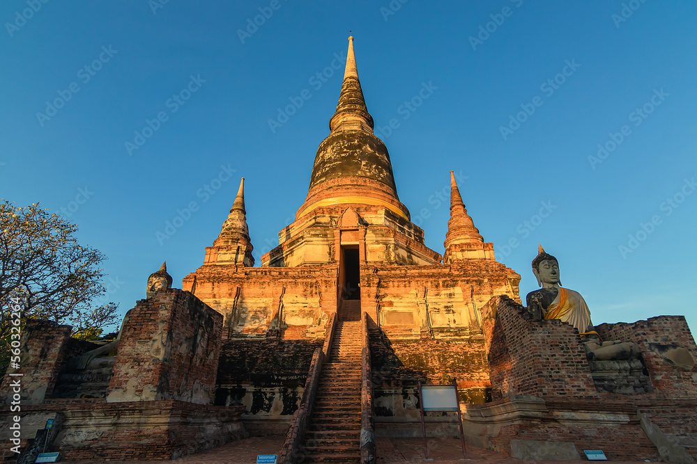 Buddha statues in front of Pagoda at Wat Yai Chai Mongkhon, Ayutthaya, Thailand, Unesco World Heritage Site.