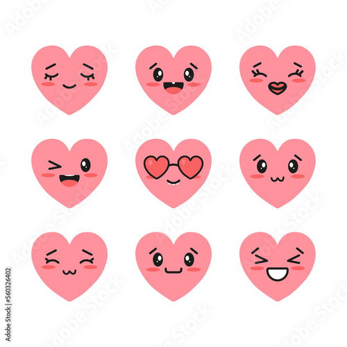 Set of pink Hearts with Kawaii positive Emotions. Isolated Hearts Icons on white background. Vector illustration.
