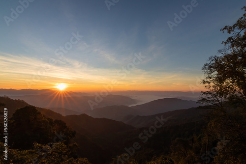 Beautiful sunrise over the mountain range at the east of Thailand.