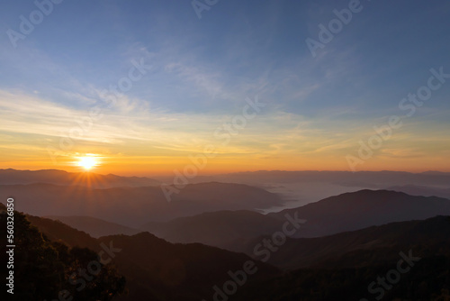 Beautiful sunrise over the mountain range at the east of Thailand.