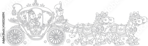 Angry king traveling through a fairy-tale kingdom in his golden ceremonial carriage pulled by four funny royal horses, black and white outline vector cartoon illustration for a coloring book