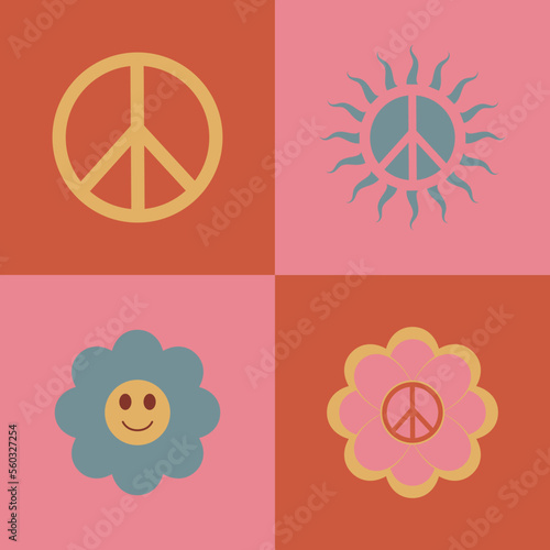 Set icons, stickers in hippie style with Peace sign and flowers in hippie style on pink squares on background