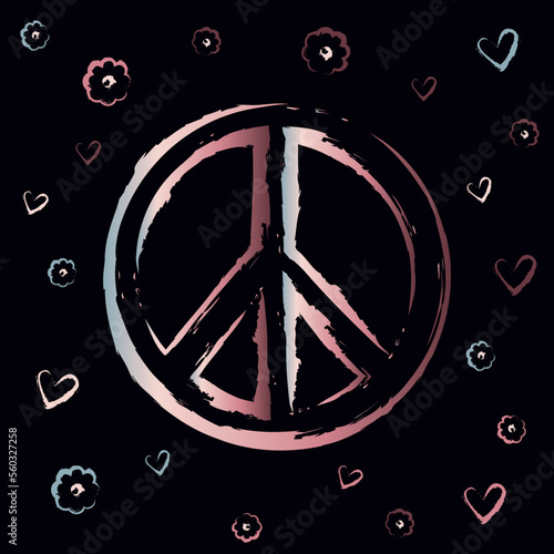 Icon, sticker in hippie style with hand drawn gradient Peace sign, flowers and hearts on dark background.