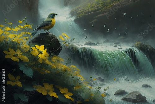 illustration of beautiful natural waterfall with oriole bird on stone with fog and water splash 