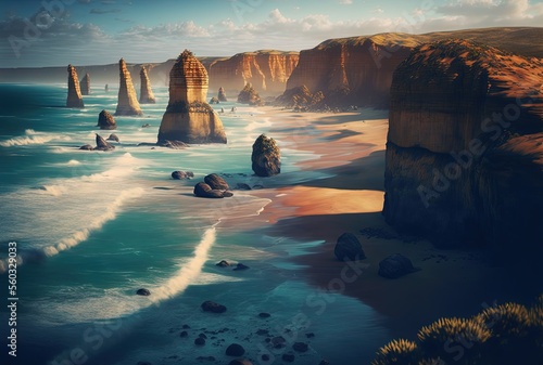 illustration of rock cliff coastline with sunlight 