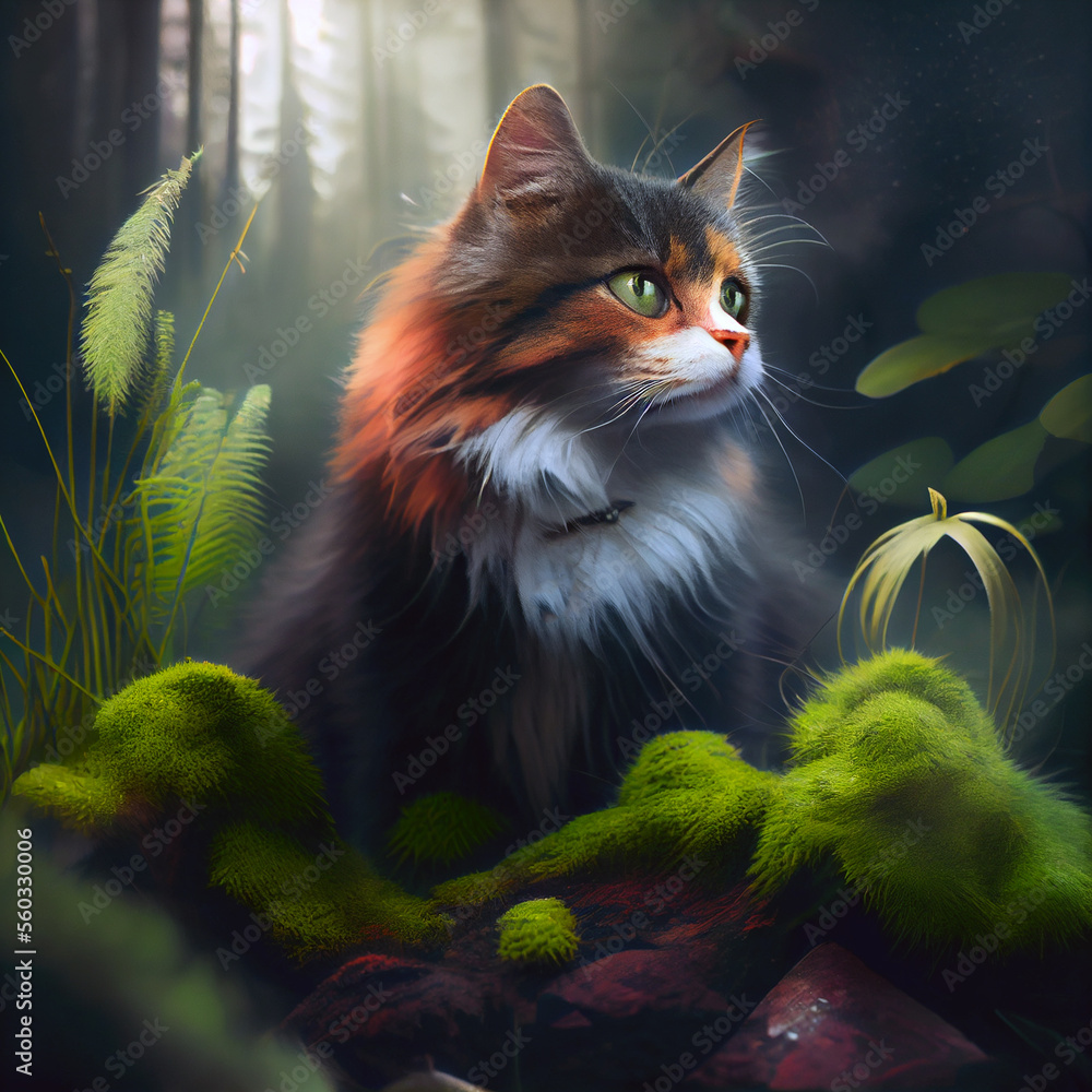 Cat in forest, created with Generative AI technology.