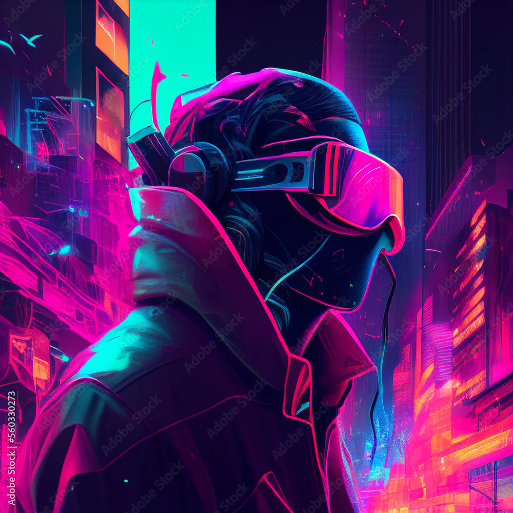 Cyberpunk character wear VR glasses. Generative Ai. Cyberpunk character wear VR glasses. Generative Ai.