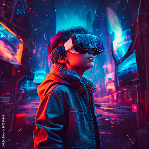 Cyberpunk character wear VR glasses. Generative Ai.