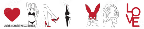 Collection of simple minimalistic erotic silhouettes of women in black lingerie, sexy legs in red shoes, bdsm mask and text love and heart on white background