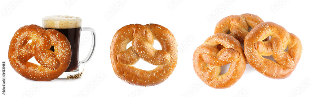 Set with tasty freshly baked pretzels on white background. Banner design