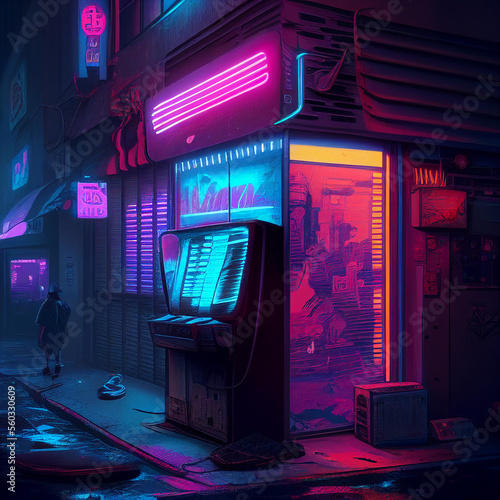 Bar in the middle of cyberpunk city. Generative Ai.