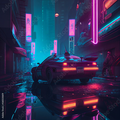 Bar in the middle of cyberpunk city. Generative Ai.