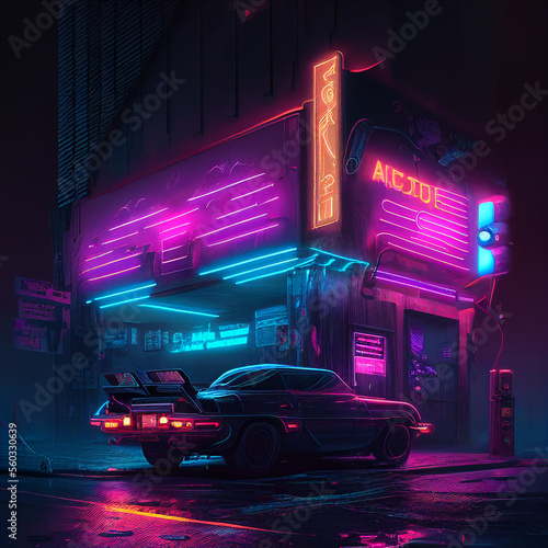 Bar in the middle of cyberpunk city. Generative Ai.