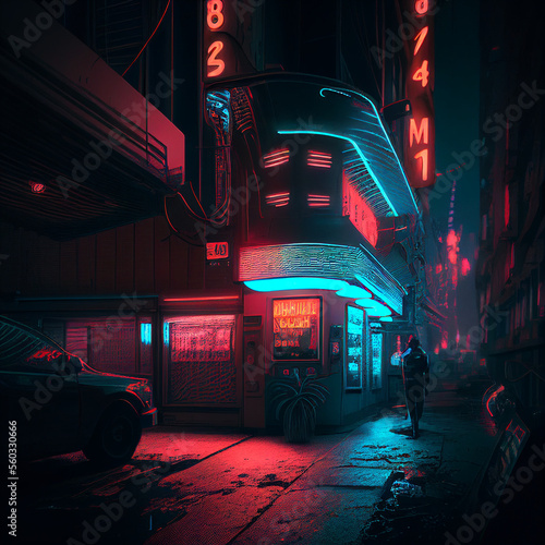 Bar in the middle of cyberpunk city. Generative Ai. © indah