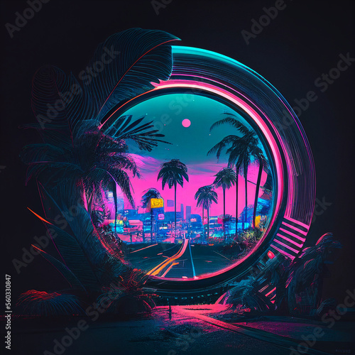 Cyberpunk Deep City Scene in Circle Neon Light. Generative Ai.