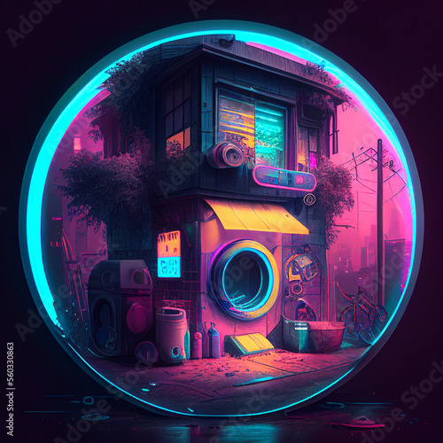 Cyberpunk Deep City Scene in Circle Neon Light. Generative Ai.