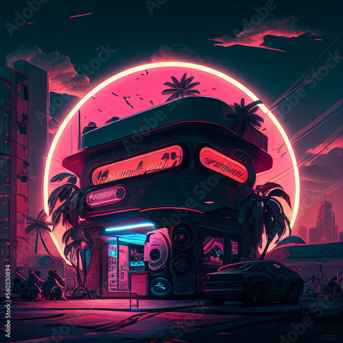 Cyberpunk Deep City Scene in Circle Neon Light. Generative Ai.