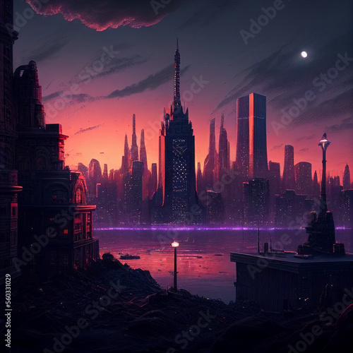 City skyline at night cyberpunk urban city. Generative Ai.