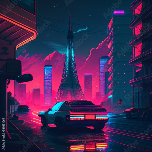 Cyberpunk beach summer street landscape with retro car. Sci-fi wallpaper. Futuristic city scene in a style of pixel art. 80's wallpaper. Urban scene. Generative Ai.