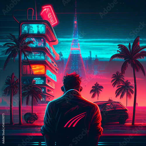 Cyberpunk beach summer street landscape with retro car. Sci-fi wallpaper. Futuristic city scene in a style of pixel art. 80's wallpaper. Urban scene. Generative Ai.