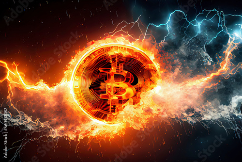 Golden bitcoin coin in fire flame, water splashes and lightning